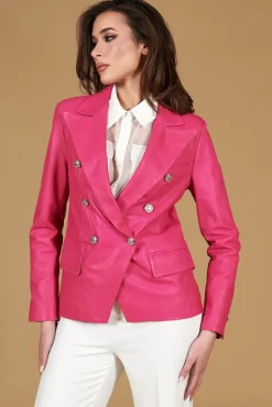 Donna D'Arienzo Kelly - Giacca blazer doppio petto in pelle naturale fuxia