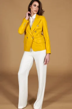 Donna D'Arienzo Kelly - Giacca blazer doppio petto in pelle naturale gialla