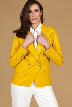 Donna D'Arienzo Kelly - Giacca blazer doppio petto in pelle naturale gialla