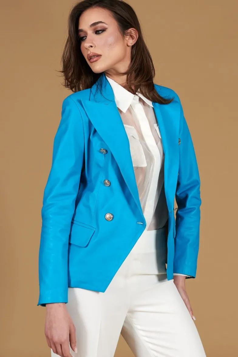 Donna D'Arienzo Kelly - Giacca blazer doppio petto in pelle naturale azzurra