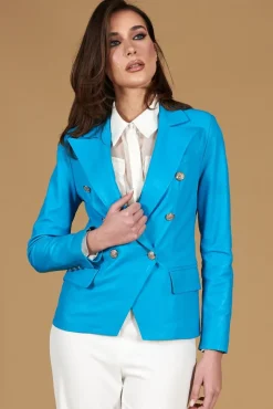 Donna D'Arienzo Kelly - Giacca blazer doppio petto in pelle naturale azzurra