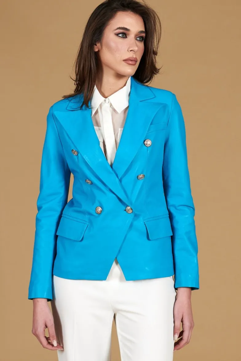 Donna D'Arienzo Kelly - Giacca blazer doppio petto in pelle naturale azzurra