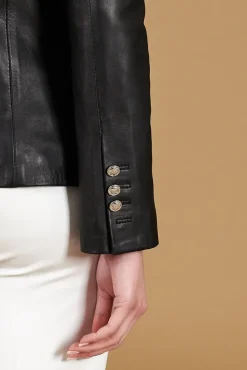 Donna D'Arienzo Kelly - Giacca doppio petto in pelle nera nappa effetto liscio