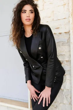 Donna D'Arienzo Kelly - Giacca doppio petto in pelle nera nappa effetto liscio