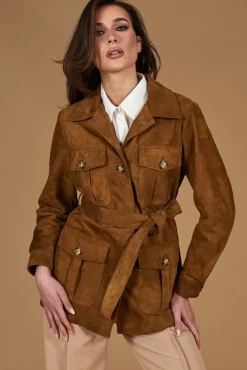 Donna D'Arienzo Kerry - Giacca sahariana in camoscio color cuoio con cintura
