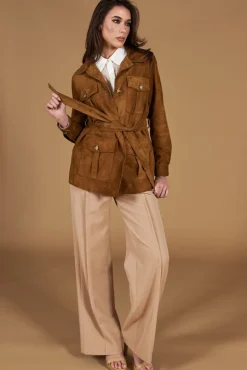 Donna D'Arienzo Kerry - Giacca sahariana in camoscio color cuoio con cintura