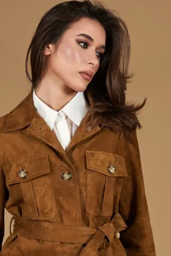 Donna D'Arienzo Kerry - Giacca sahariana in camoscio color cuoio con cintura