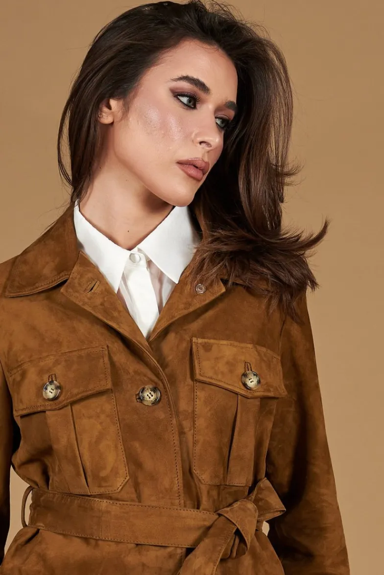 Donna D'Arienzo Kerry - Giacca sahariana in camoscio color cuoio con cintura