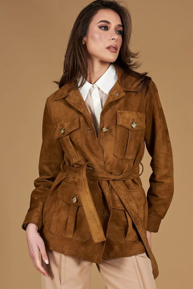 Donna D'Arienzo Kerry - Giacca sahariana in camoscio color cuoio con cintura