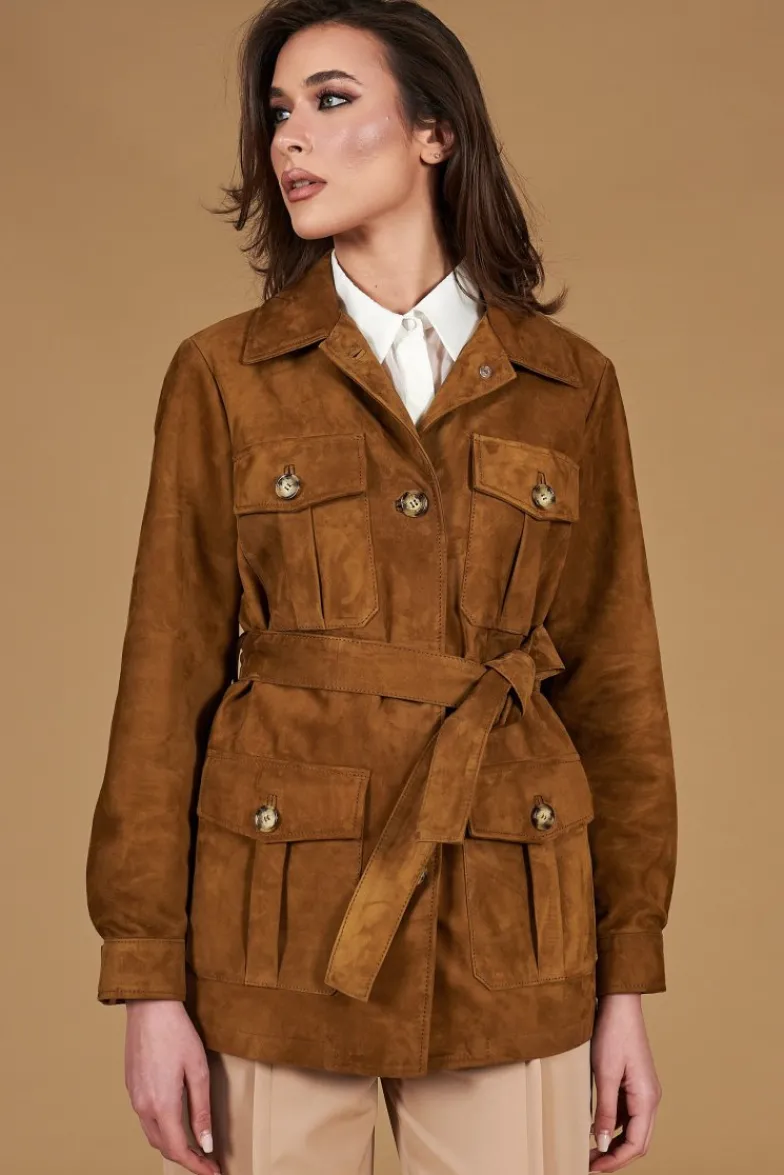 Donna D'Arienzo Kerry - Giacca sahariana in camoscio color cuoio con cintura
