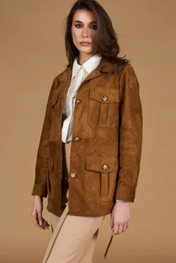 Donna D'Arienzo Kerry - Giacca sahariana in camoscio color cuoio con cintura