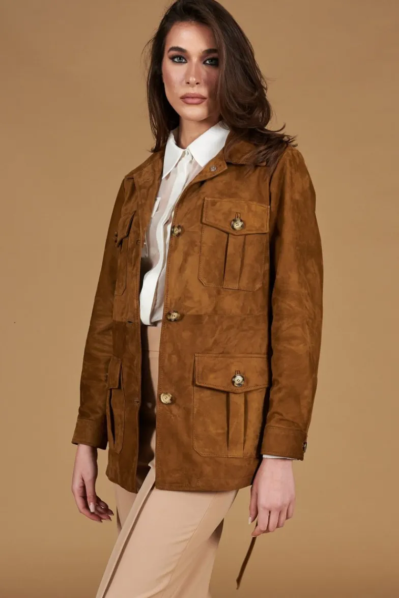 Donna D'Arienzo Kerry - Giacca sahariana in camoscio color cuoio con cintura