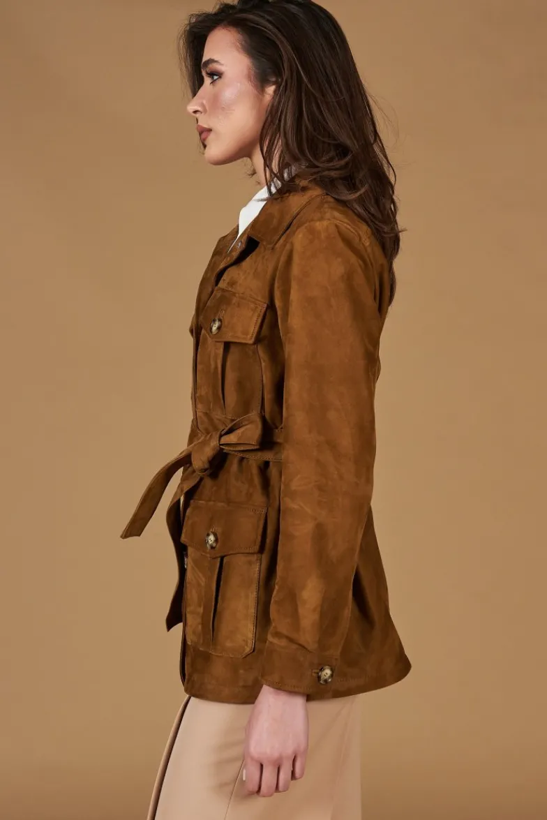 Donna D'Arienzo Kerry - Giacca sahariana in camoscio color cuoio con cintura