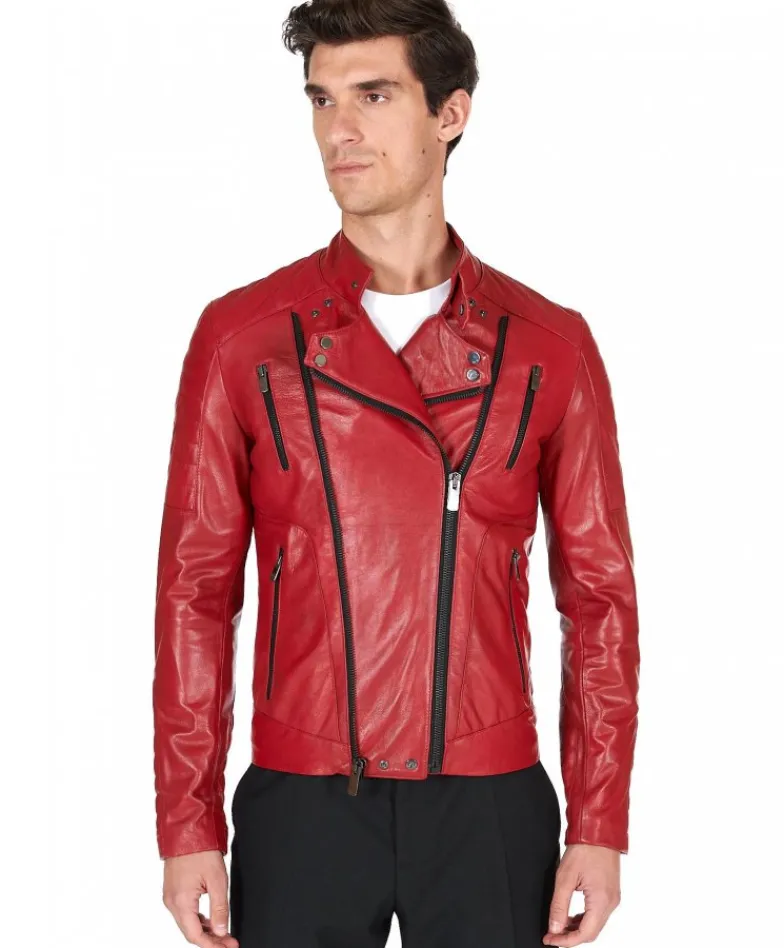 Uomo D'Arienzo Kevin - Chiodo in pelle vintage rossa doppia chiusura sinistra e destra