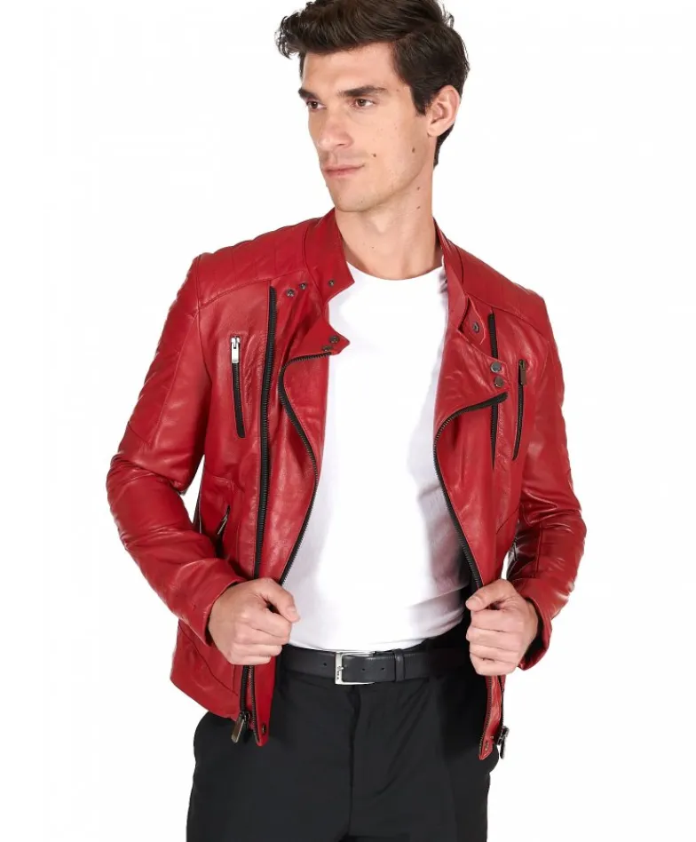 Uomo D'Arienzo Kevin - Chiodo in pelle vintage rossa doppia chiusura sinistra e destra