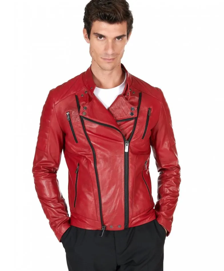 Uomo D'Arienzo Kevin - Chiodo in pelle vintage rossa doppia chiusura sinistra e destra