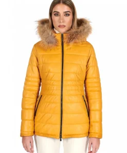 Donna D'Arienzo Ladies - Piumino in pelle ocra con cappuccio pelliccia effetto liscio