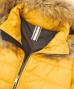 Donna D'Arienzo Ladies - Piumino in pelle ocra con cappuccio pelliccia effetto liscio
