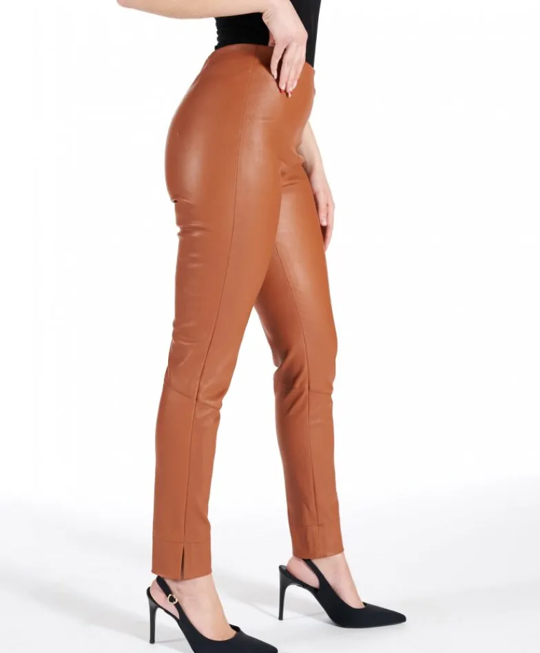 Donna D'Arienzo Leggings - Leggings in pelle cognac elasticizzata effetto liscio