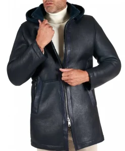 Uomo D'Arienzo Liam - Cappotto montone blu Shearling uomo cappuccio staccabile