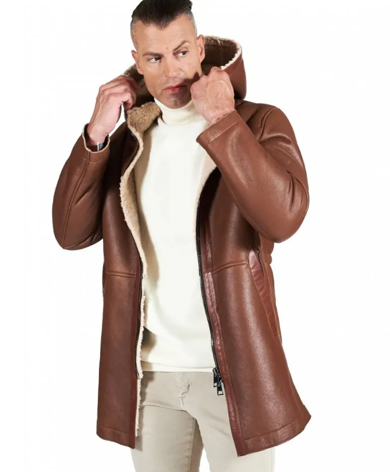 Uomo D'Arienzo Liam - Cappotto montone cuoio Shearling uomo cappuccio staccabile