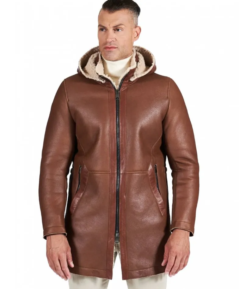 Uomo D'Arienzo Liam - Cappotto montone cuoio Shearling uomo cappuccio staccabile