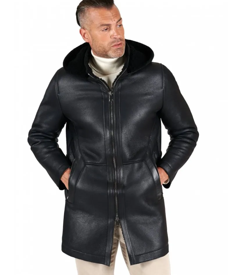Uomo D'Arienzo Liam - Cappotto montone nero Shearling uomo cappuccio staccabile