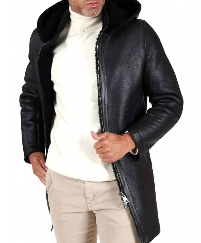 Uomo D'Arienzo Liam - Cappotto montone nero Shearling uomo cappuccio staccabile