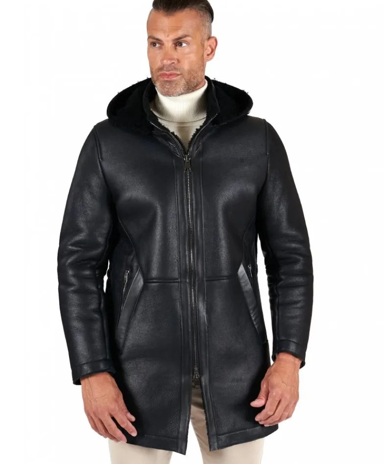 Uomo D'Arienzo Liam - Cappotto montone nero Shearling uomo cappuccio staccabile