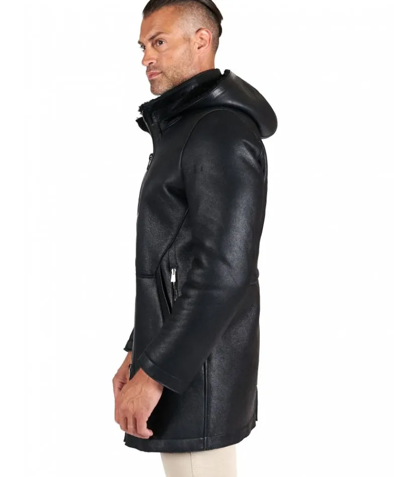 Uomo D'Arienzo Liam - Cappotto montone nero Shearling uomo cappuccio staccabile