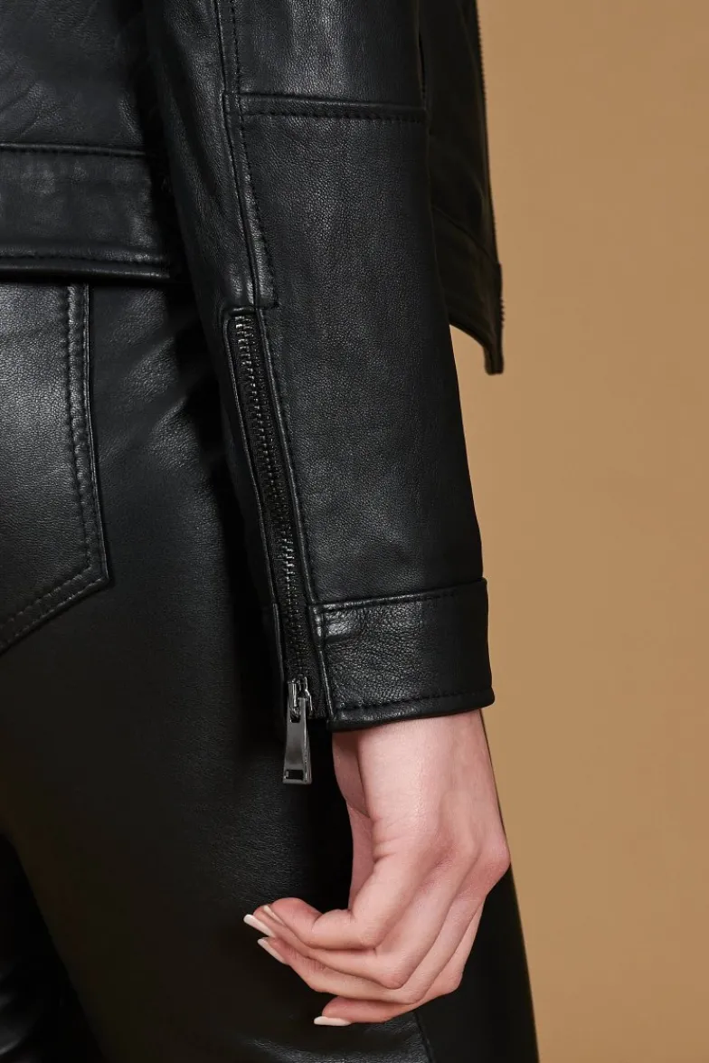 Donna D'Arienzo Linda - Giacca biker in pelle nera nappa effetto liscio
