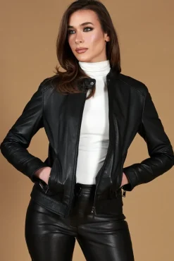 Donna D'Arienzo Linda - Giacca biker in pelle nera nappa effetto liscio