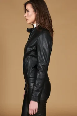 Donna D'Arienzo Linda - Giacca biker in pelle nera nappa effetto liscio