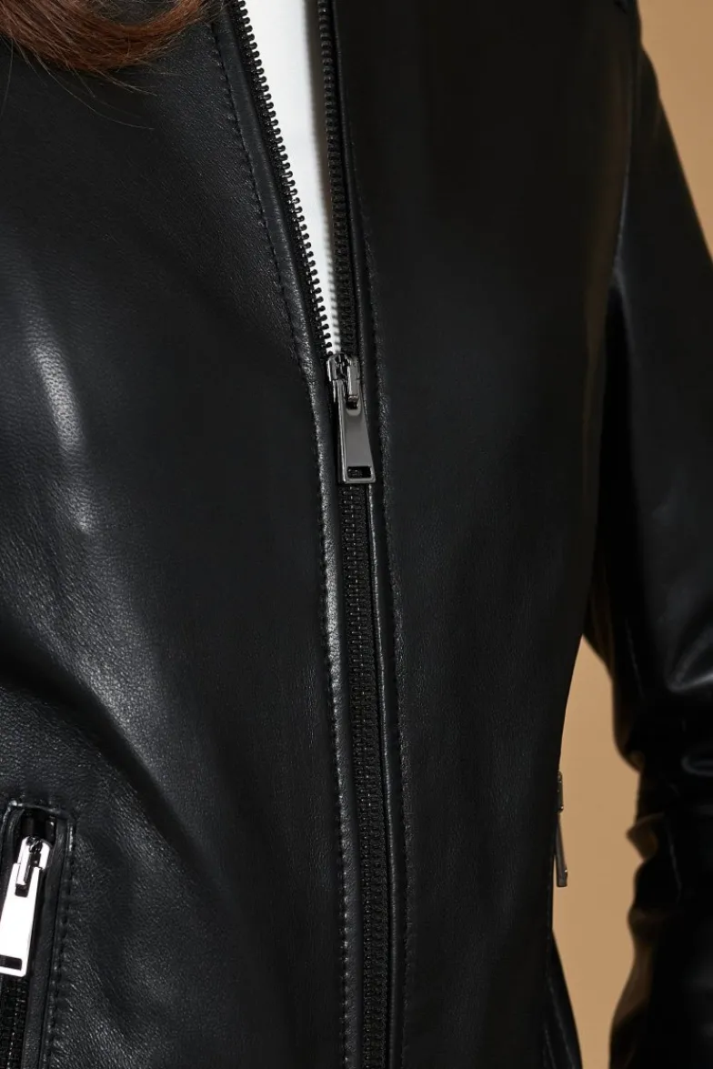 Donna D'Arienzo Linda - Giacca biker in pelle nera nappa effetto liscio