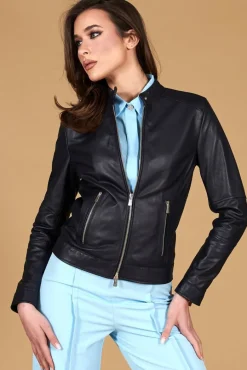 Donna D'Arienzo Linda - Giacca biker in pelle naturale blu avion effetto liscio