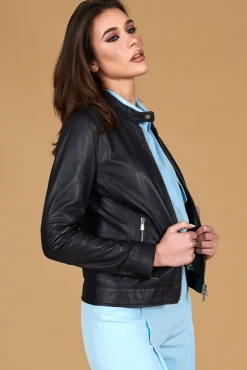 Donna D'Arienzo Linda - Giacca biker in pelle naturale blu avion effetto liscio