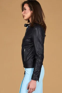 Donna D'Arienzo Linda - Giacca biker in pelle naturale blu avion effetto liscio