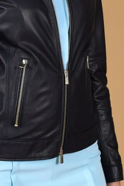 Donna D'Arienzo Linda - Giacca biker in pelle naturale blu avion effetto liscio