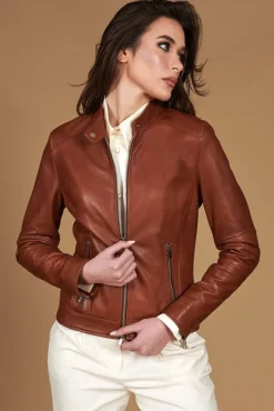 Donna D'Arienzo Linda - Giacca biker in pelle cuoio effetto vintage