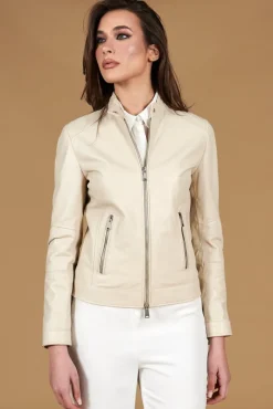 Donna D'Arienzo Linda - Giacca biker in pelle color crema effetto liscio due tasche