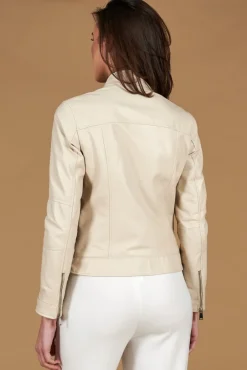 Donna D'Arienzo Linda - Giacca biker in pelle color crema effetto liscio due tasche