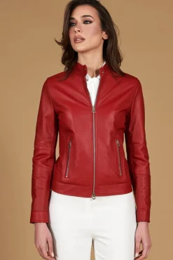 Donna D'Arienzo Linda - Giacca biker in pelle rossa nappa effetto liscio