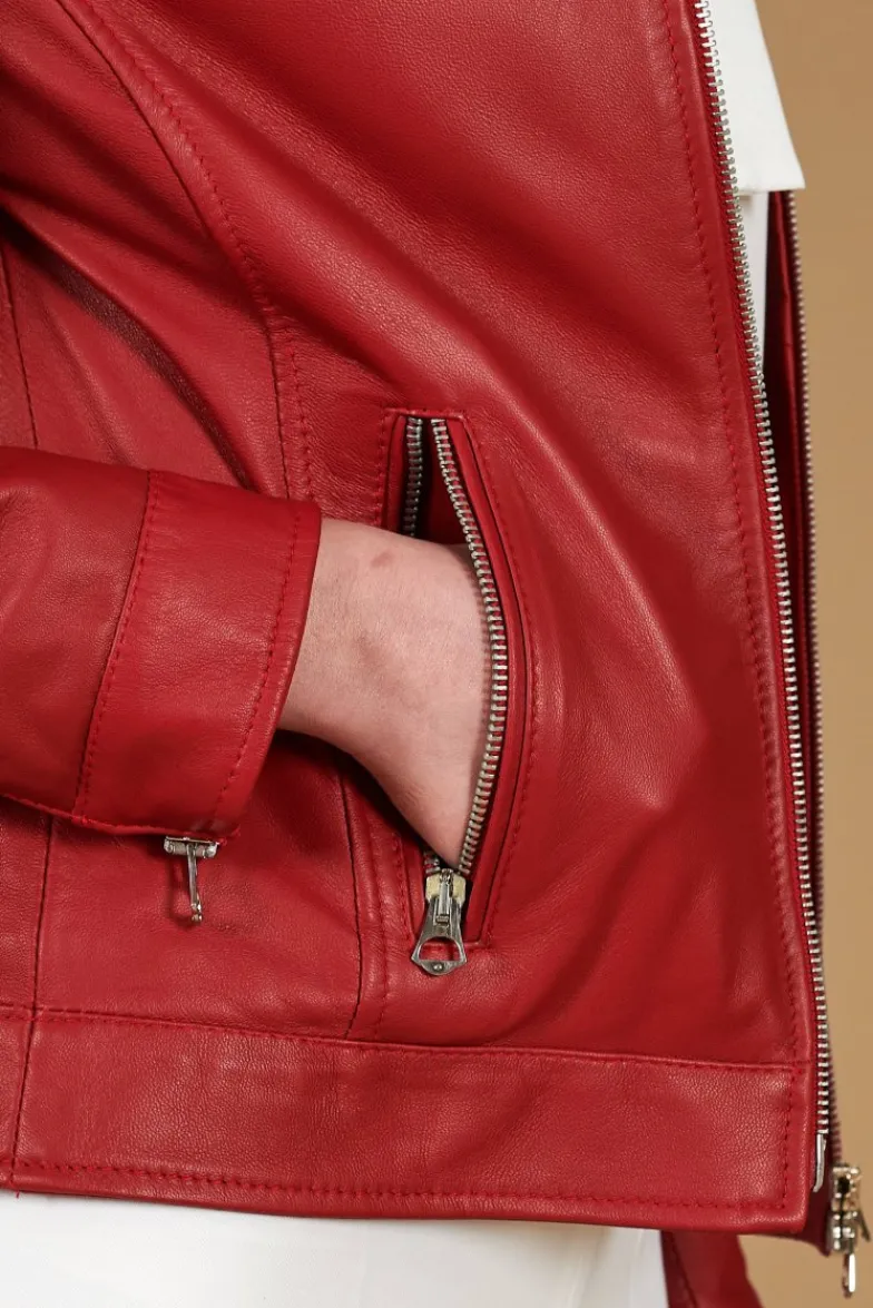 Donna D'Arienzo Linda - Giacca biker in pelle rossa nappa effetto liscio