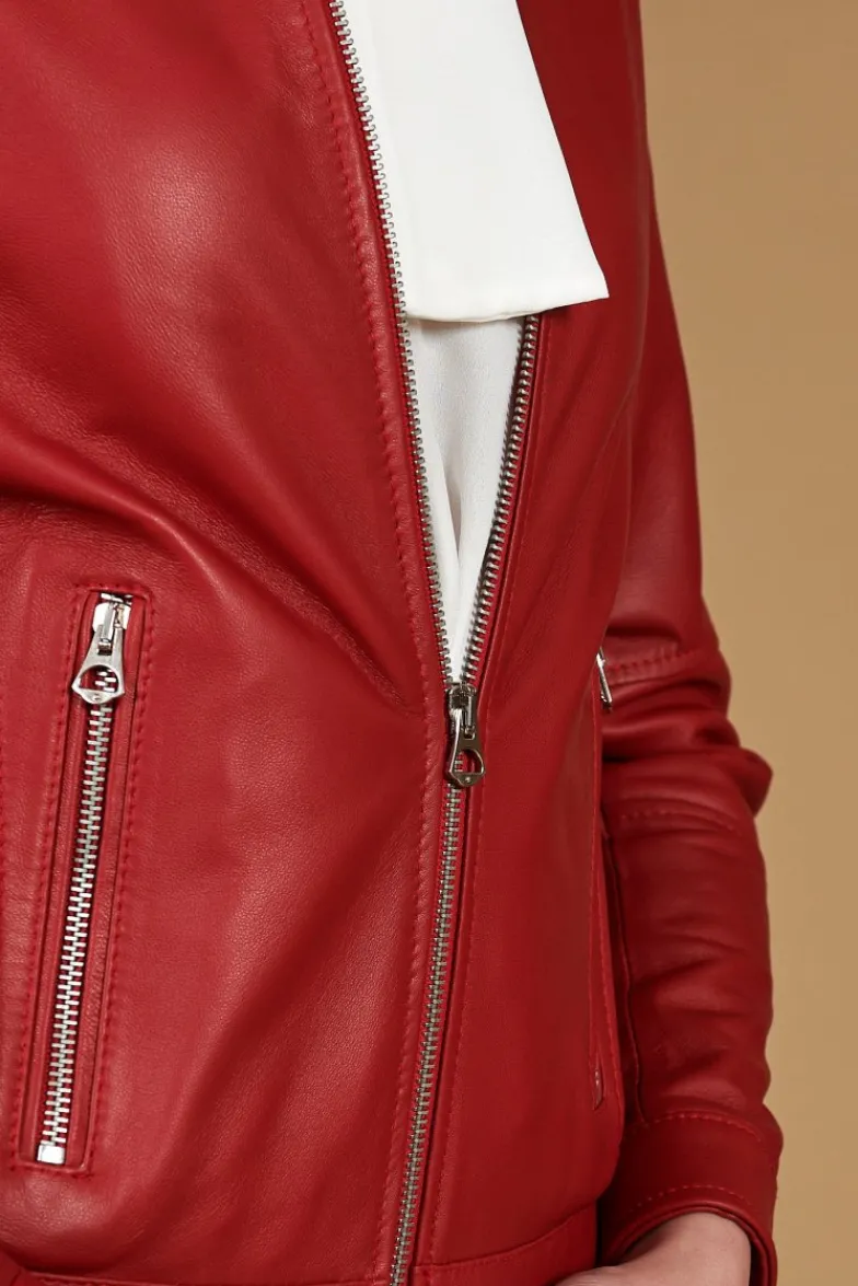 Donna D'Arienzo Linda - Giacca biker in pelle rossa nappa effetto liscio