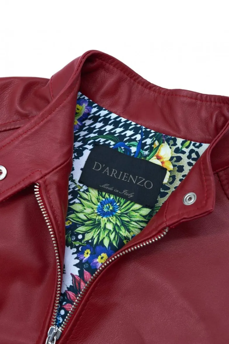 Donna D'Arienzo Linda - Giacca biker in pelle rossa nappa effetto liscio