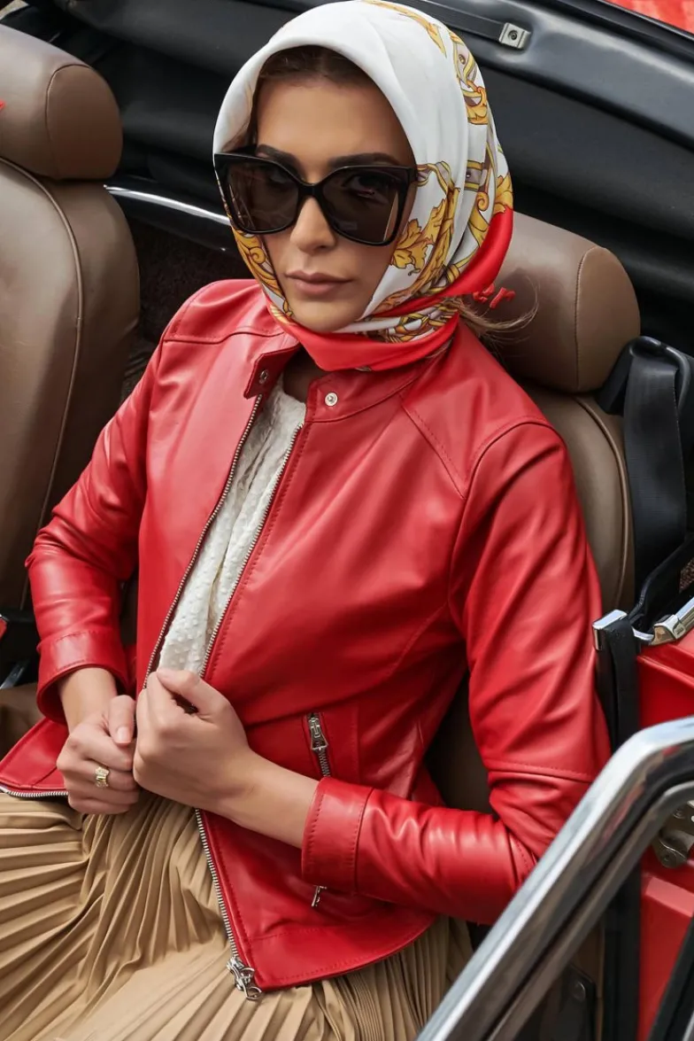 Donna D'Arienzo Linda - Giacca biker in pelle rossa nappa effetto liscio