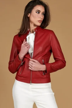 Donna D'Arienzo Linda - Giacca biker in pelle rossa nappa effetto liscio