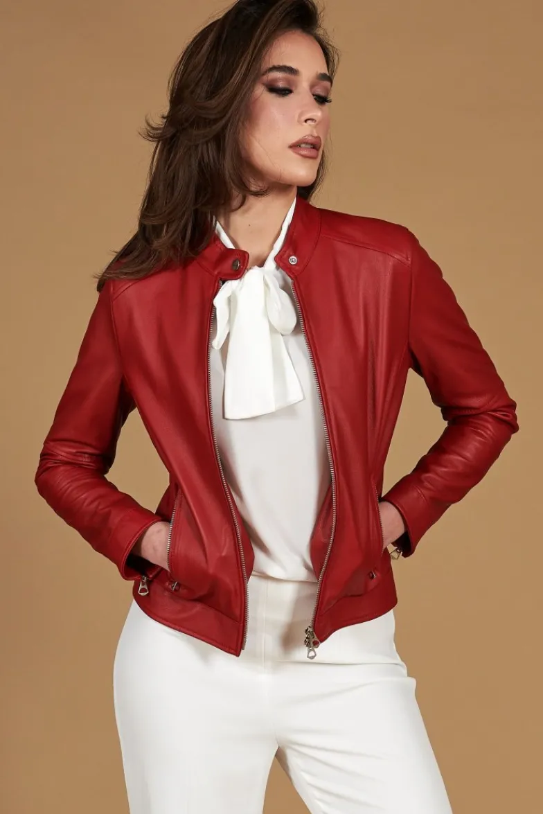 Donna D'Arienzo Linda - Giacca biker in pelle rossa nappa effetto liscio