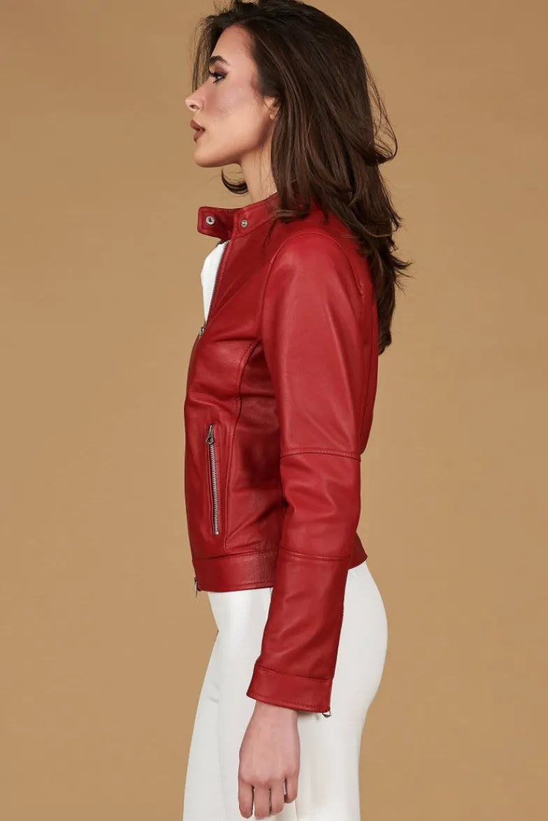 Donna D'Arienzo Linda - Giacca biker in pelle rossa nappa effetto liscio