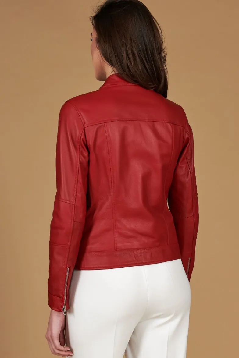 Donna D'Arienzo Linda - Giacca biker in pelle rossa nappa effetto liscio